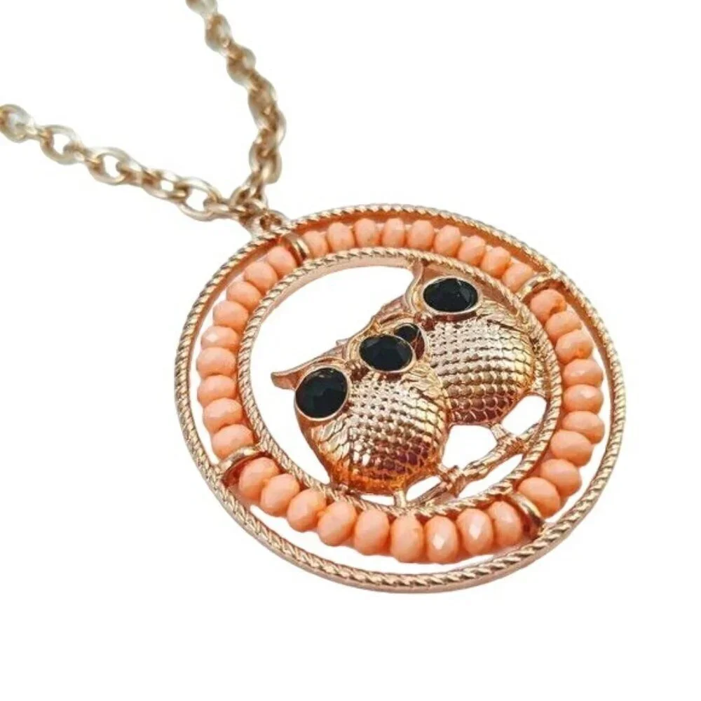 NWT Laila Rowe Long Gold Tone & Peach Owl Necklace